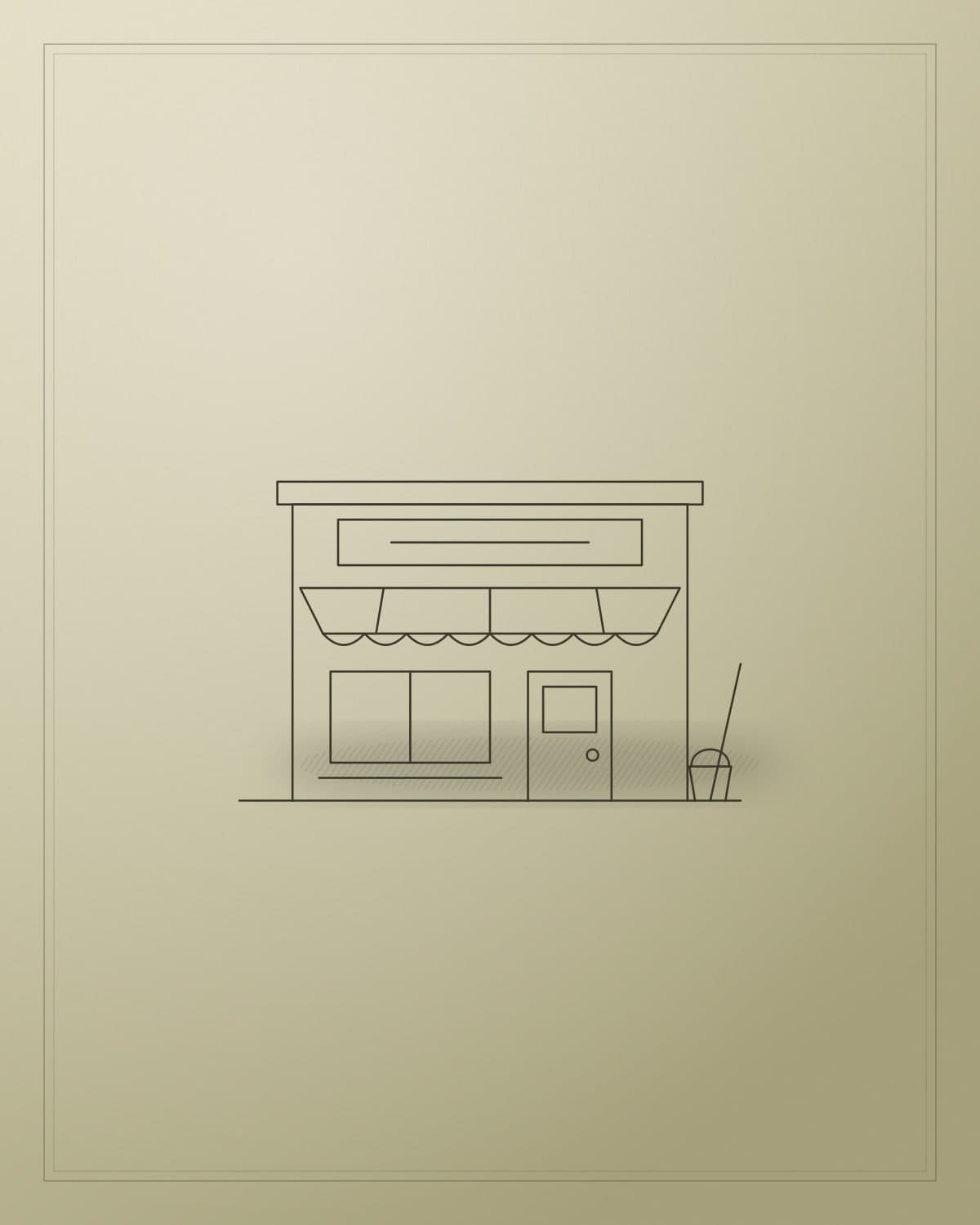 Placeholder engraving of a shopfront with a striped awning and a mop and bucket by the door.