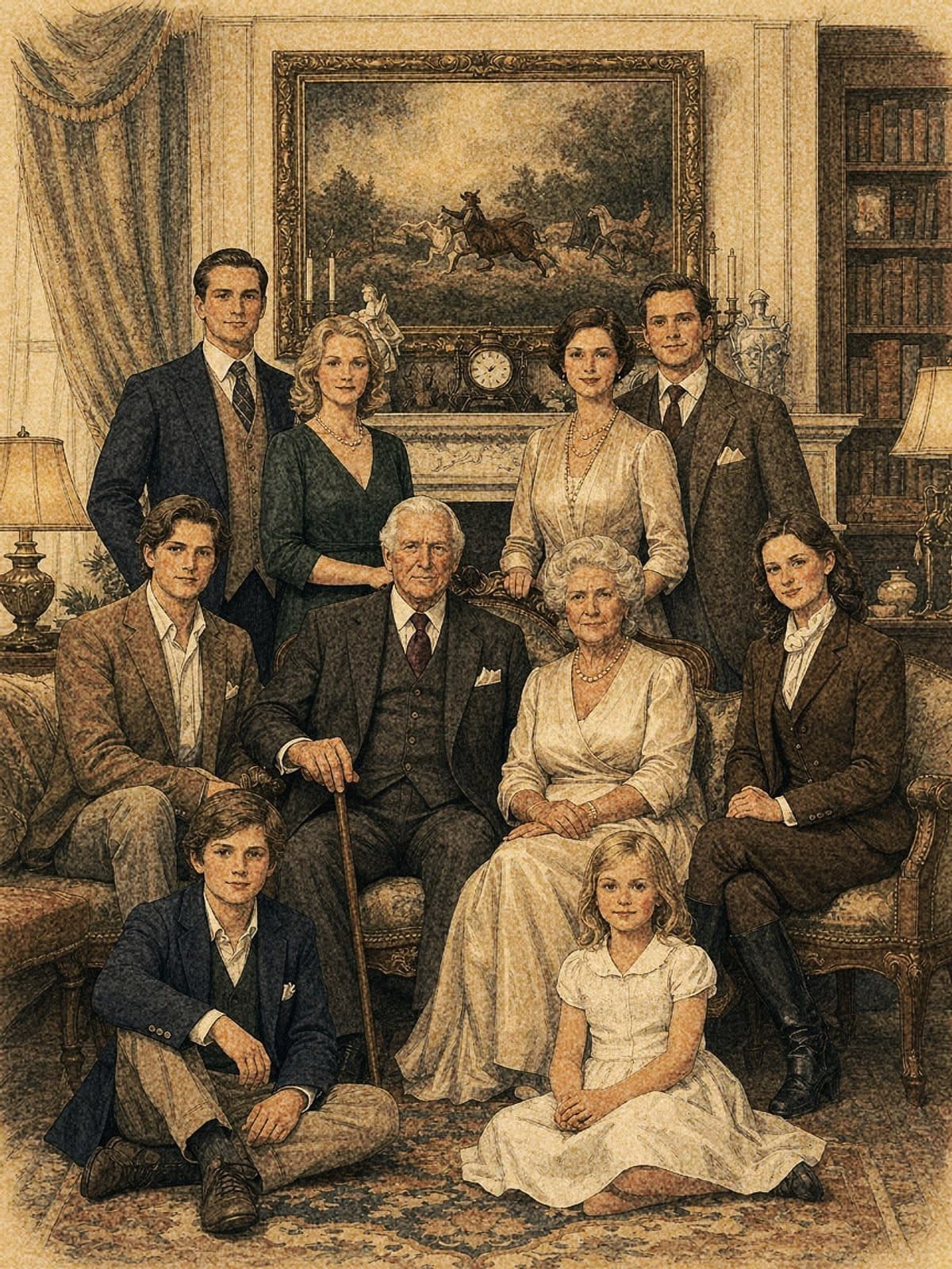 An inked and watercoloured family portrait: grandparents seated in a drawing room, surrounded by their children and grandchildren, before a fireplace and a gilt-framed painting.